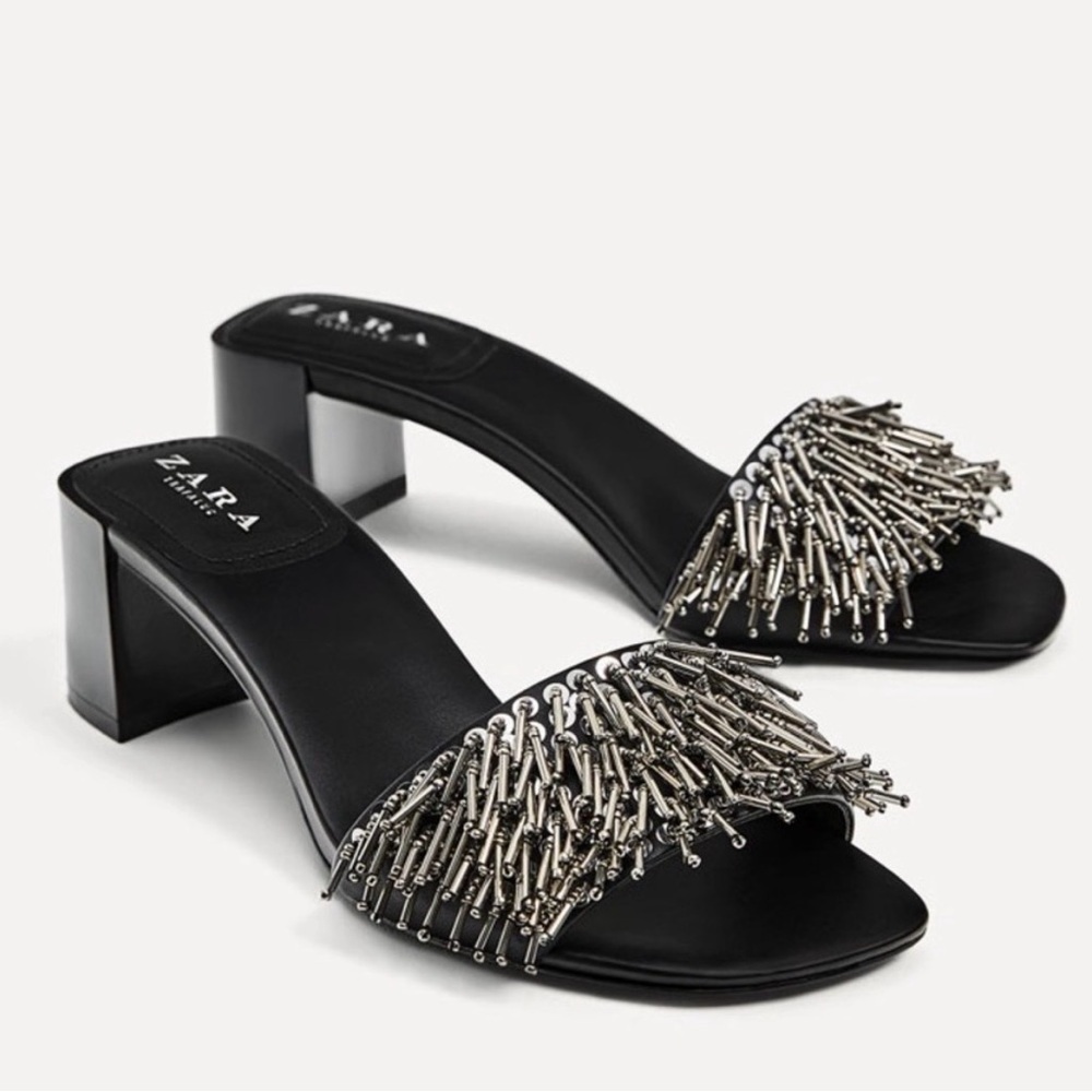 Zara NWOT Black Sandals with Metallic Fringe,Size 38(7.5) - Picture 2 of 13